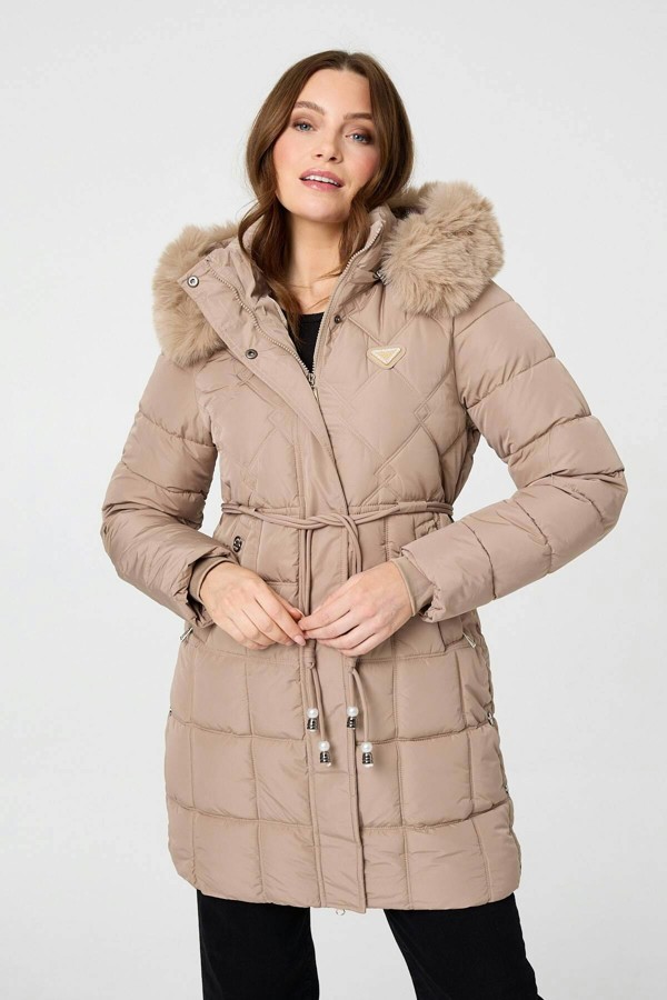 Izabel London Faux Fur Hooded Padded Longline Coat - Beige