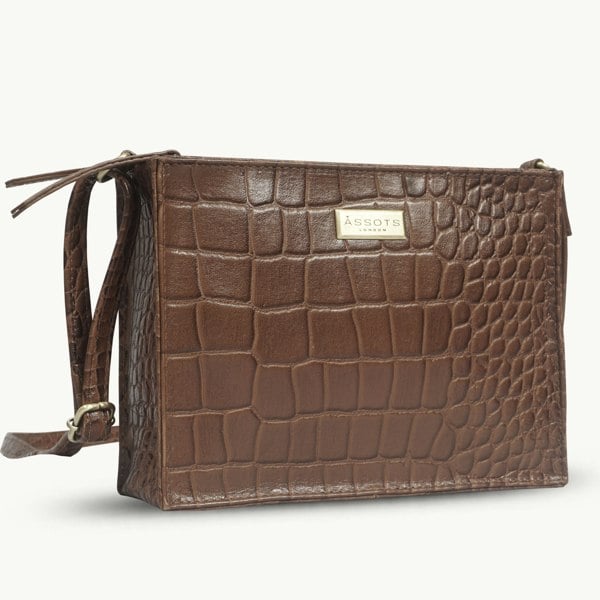 Assots London 'SUSAN' Tan Croc Real Leather Rectangle Box Crossbody Bag