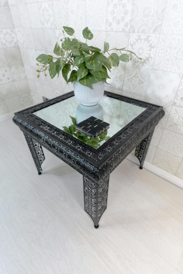 Downton Interiors Black Embossed Metal Mirrored Glass Side Table- Agadir range