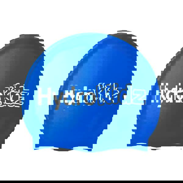 Blue HydroKidz swim cap with white logo on high quality silicone