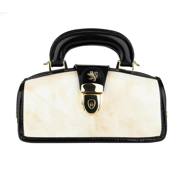 Embassy London Gazelle Mini - White & Black - Women’s mini patent leather top handle & crossbody bag