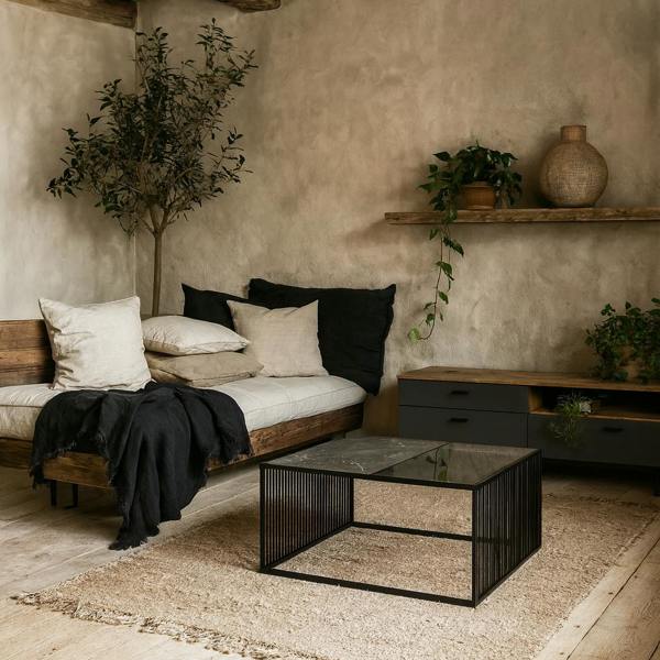 Wyld Haus Porto Black Metal Organic Square Coffee Table with Glass and Stone Effect Top