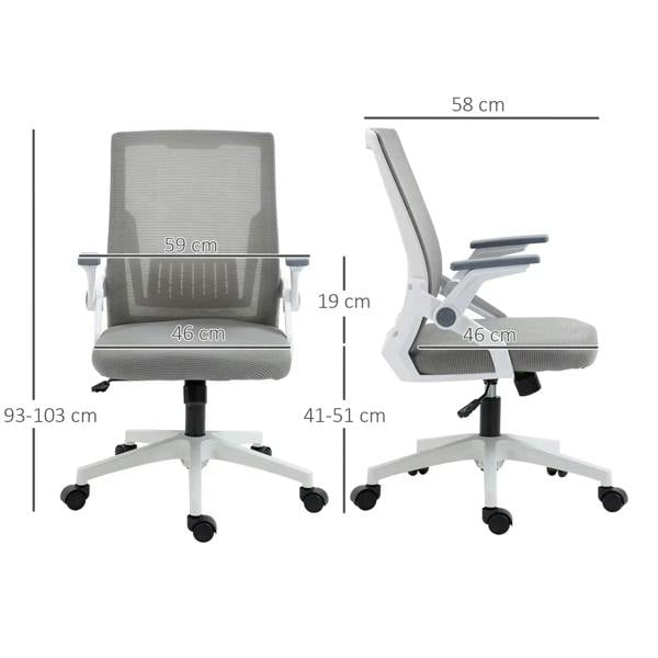 Grey mesh office chair with flip-up armrests and adjustable base; size dimensions shown