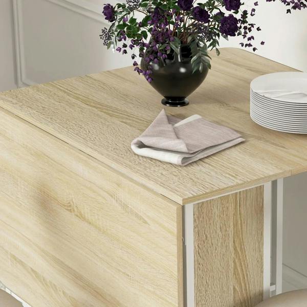Natural wood dining table tabletop with light oak grain and white side panels