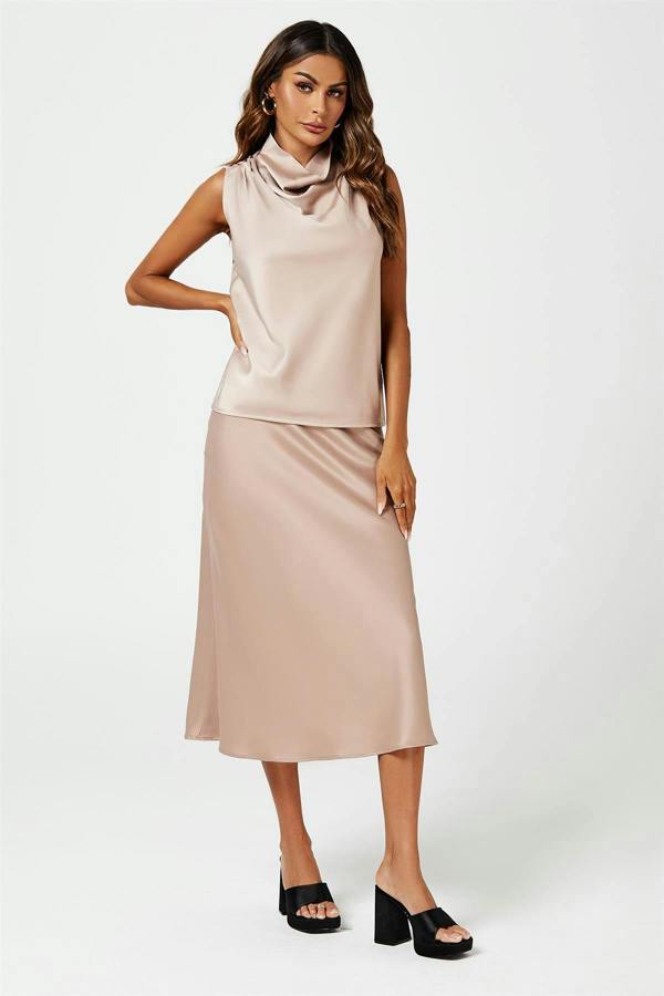 FS Collection Satin High Neck Sleeveless Blouse In Light Brown