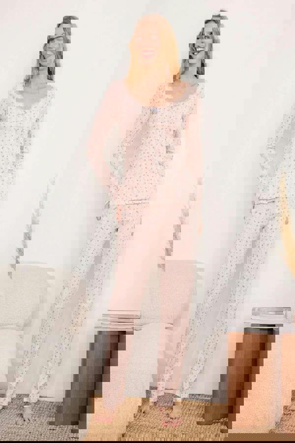 WOVCOR 2-Piece 100% Cotton Floral Lace Detail Ribbed Knit Pajama Set