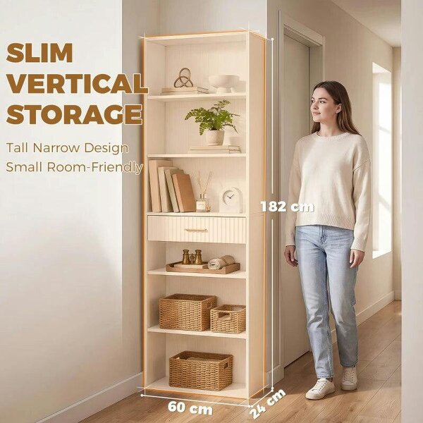 Bookcase Narrow Tall Space-Saving Bookshelf Drawer Open Shelves 60 x 24 x 182 cm White