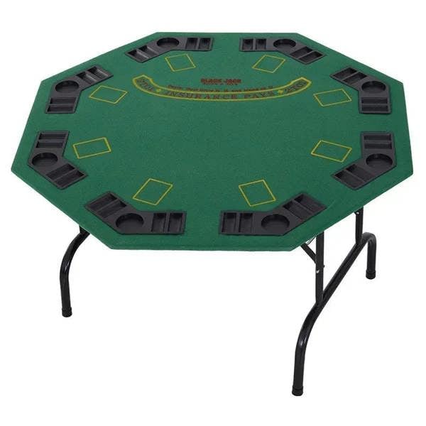 Green octagonal folding poker table with black cup-holder slots and felt playing surface