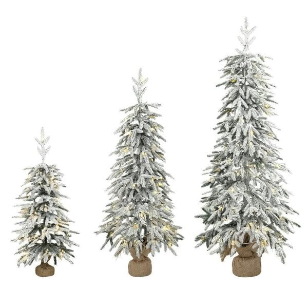 Bobobiy Prelit Flocked Artificial Christmas Tree Set of 3 Snowy Xmas Tree Warm White LED Lights (3FT+4FT+5FT)