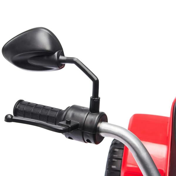 Red kids electric motorbike handlebar with black grips, steering column, and horn