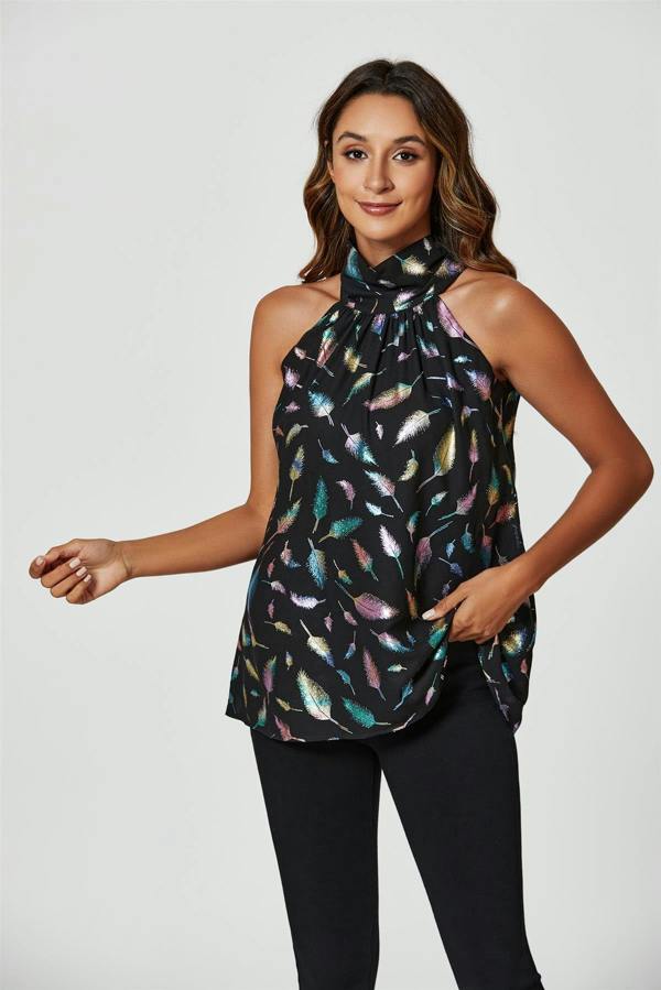 FS Collection Rainbow Leaf Foil Star Halter Neck Tie Back Top In Black