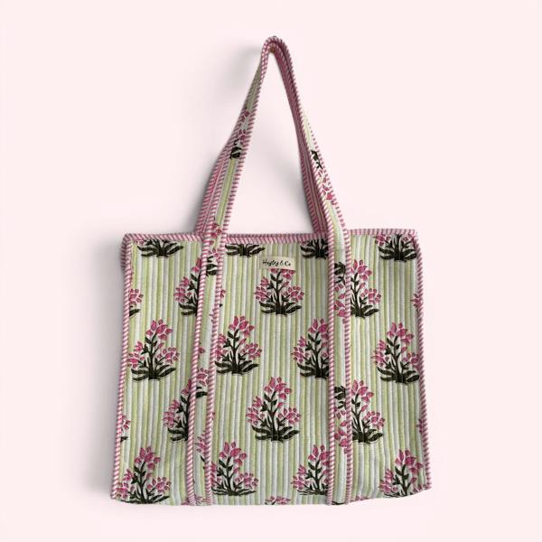 Hayley & Co Pink and Green Floral and Stripe Quilted Cotton Tote Bag