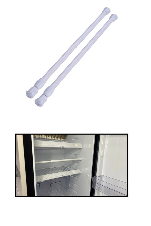 The telescopic Cupboard & Fridge Storage Bars pictured on a white background and inside of a cupboard of VW Camper Van.