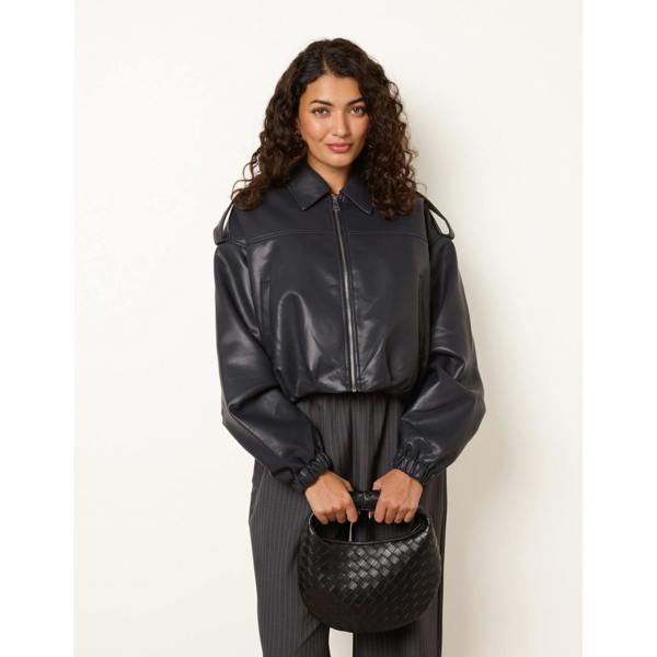 Blue Vanilla Puffball Zip Front PU Leather Jacket