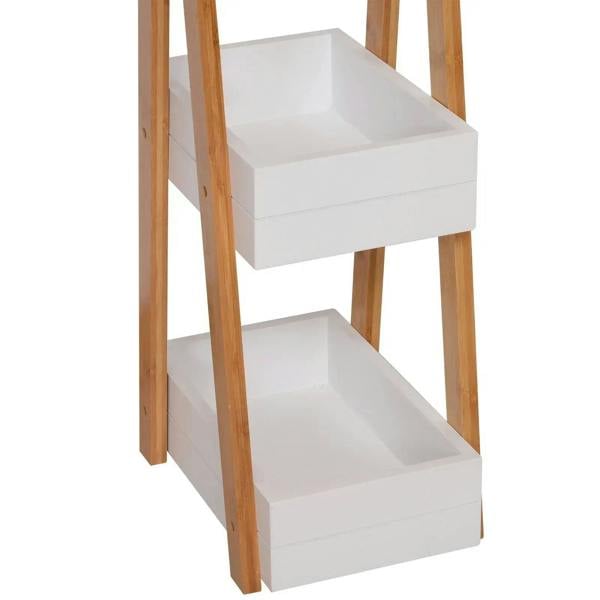 Lower shelves detail on 3-tier shower caddy with white bins and bamboo frame