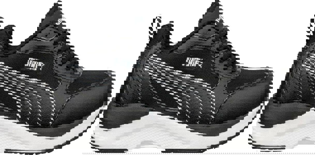 PUMA Safety PUMA Shift Mens S3S Composite Toe Midsole Work Shoes Trainers, black athletic safety work shoes with white accents and sturdy construction.