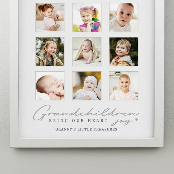 A close-up view of the lower half of a white multi photo frame, showcasing the elegant script reading Grandchildren bring our heart joy and custom text Granny's Little Treasures.