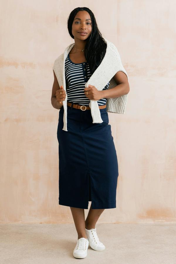 Lily & Me Morwenna Stretch Twill Midi Skirt Navy
