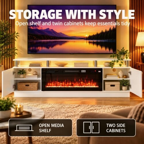 HOMCOM Electric Fireplace TV Stand for 80" TVs, LED Strip, 900/1800W, White