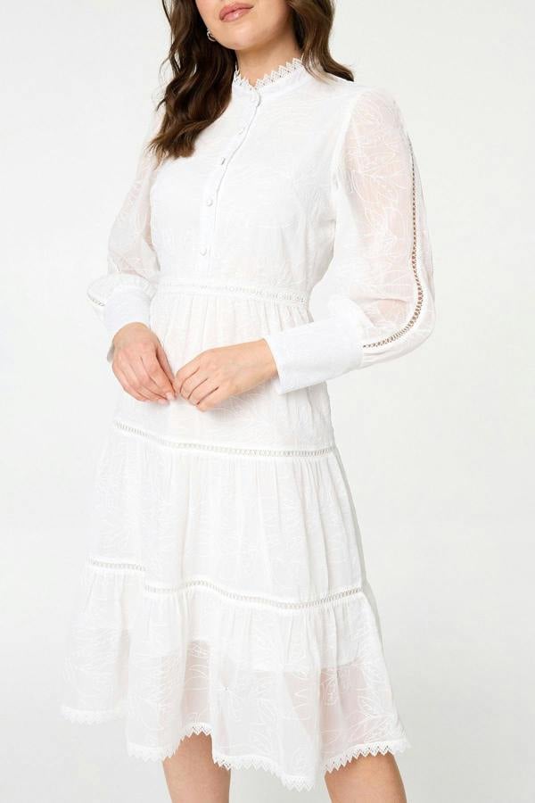 White | Embroidered Tiered Knee Length Dress