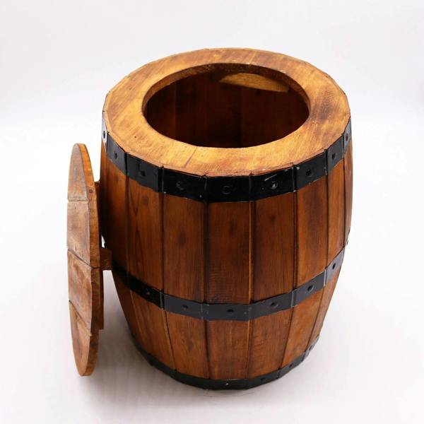 Wooden barrel stool with open top, black metal bands, and side support handle