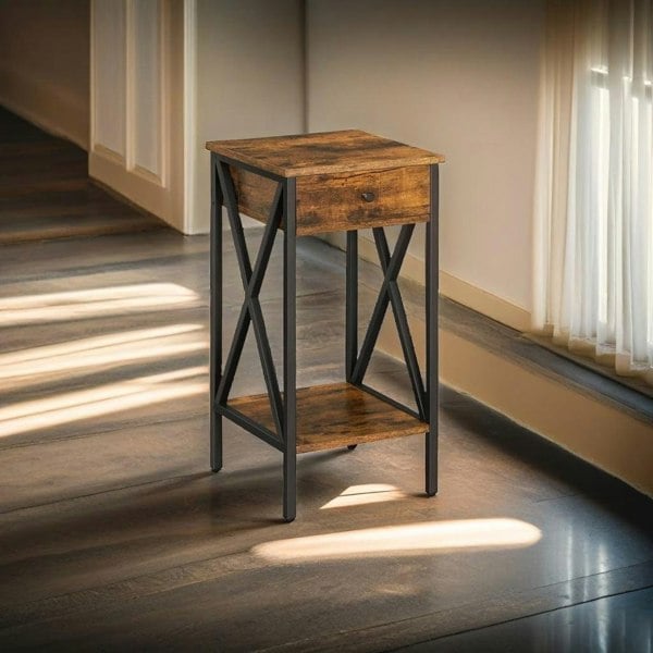 Modcraft Tall Nightstand with Drawer & Shelf – Rustic Brown & Black Industrial Bedside Table
