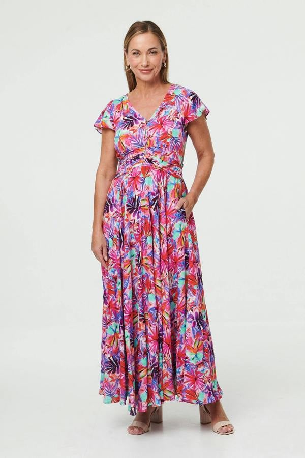 Pink | Floral Cap Sleeve Maxi V-Neck Dress