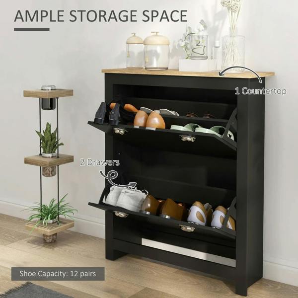 Black shoe cabinet with open flip compartments, wood top, and chrome drawer handles