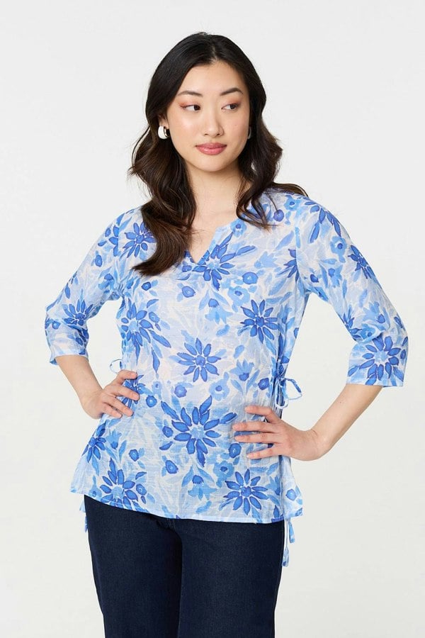Blue | Floral 3/4 Sleeve Tie Detail Blouse
