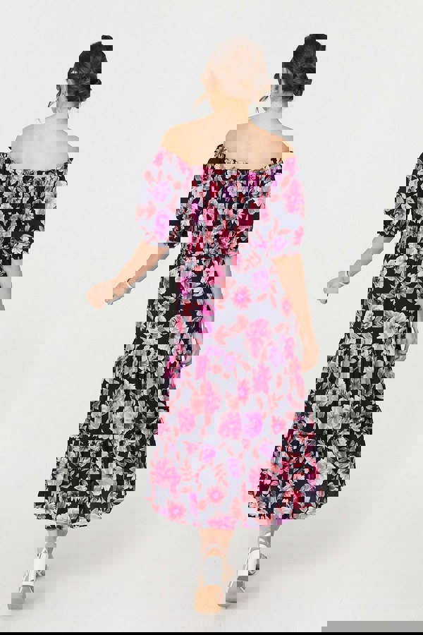 Navy | Floral Puff Sleeve Bardot Midi Dress
