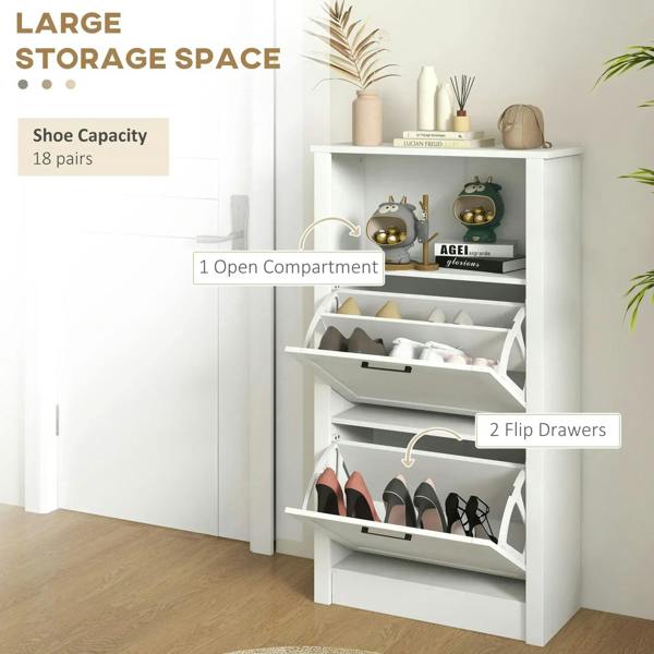White shoe cabinet opened to show open compartment and two flip drawers