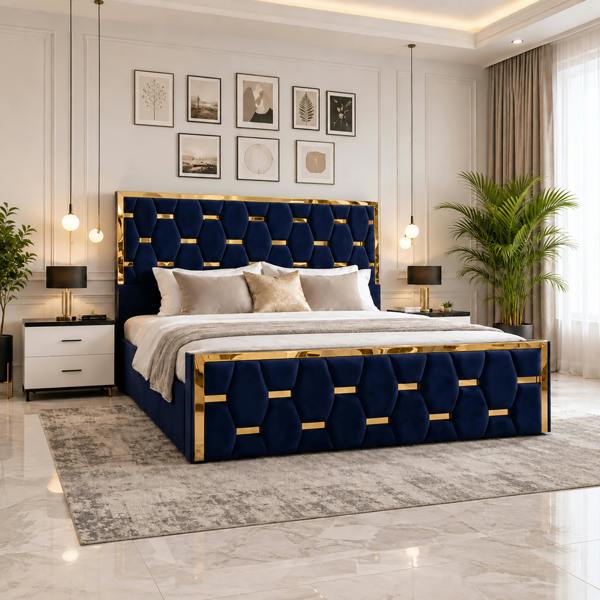 Paradise Beds Luxury Gold Trim Upholstered Bed Frame with Designer Tufted Headboard & Ottoman