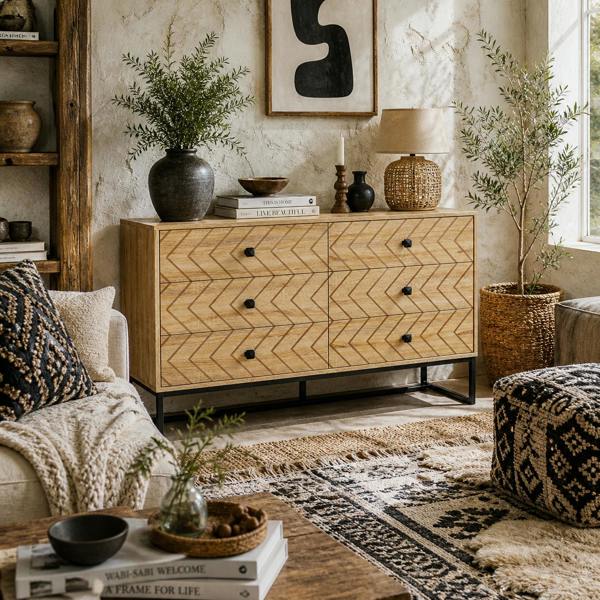 Wyld Haus Niel Wooden Natural Chevron 6 Drawer Chest With Zigzag Black Metal Legs