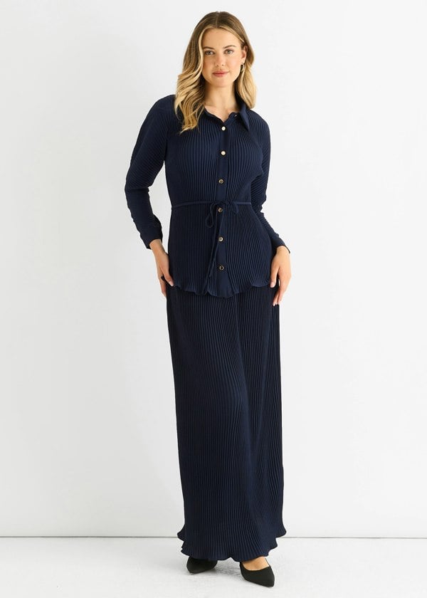 Gini London Navy Plisse Elasticated Waist Maxi Skirt