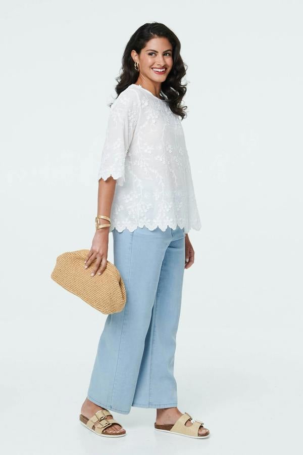 White | Floral Textured 3/4 Sleeve Blouse