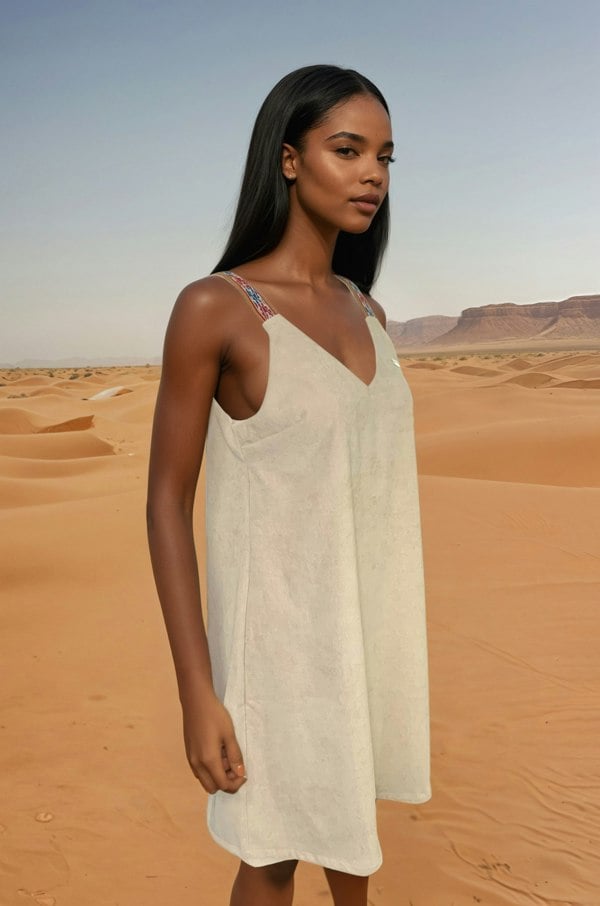Handmade Stories Beige corduroy v neck dress