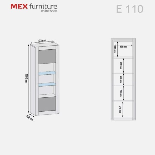 Mex Furniture Charming Modern Display Cabinet 170cm with Free LED – Dark Grey High Gloss Doors