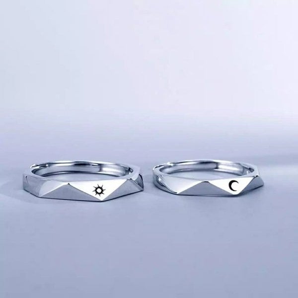 The Colourful Aura Silver Angle Cut Couple Moon and Sun Promise Adjustable Ring set