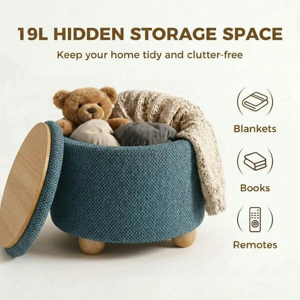 Storage Sitting Bench with Lid, Round Storage Ottoman with Rubberwood Legs, Dark Blue