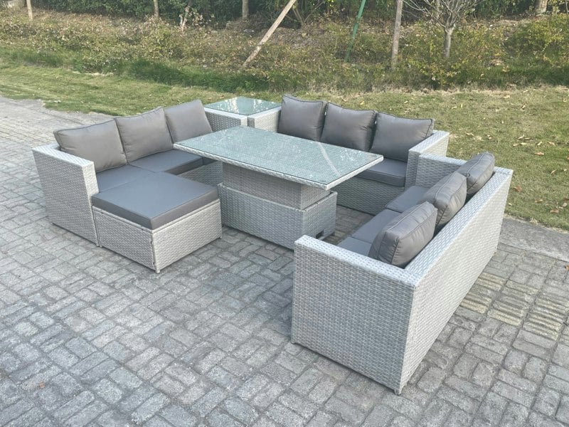 Fimous Lounge Rattan Garden Furniture Set Adjustable Rising Lifting Table Dining Set With Side Coffee Tea Table Footstool