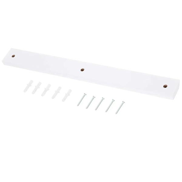 White mounting rail for wall table with screws and hardware, flat view.