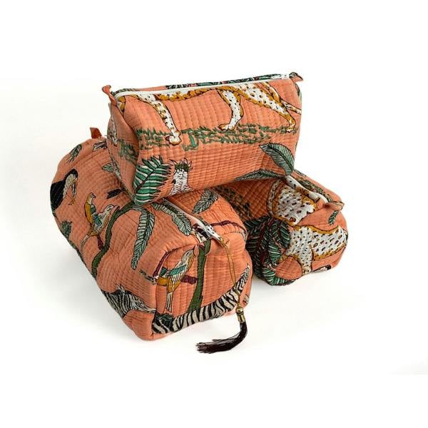 Hayley & Co Jungle Print Cotton Washbag, Make Up Bag, Pencil Case with Waterproof Lining - Jungle Animal Print in Peach