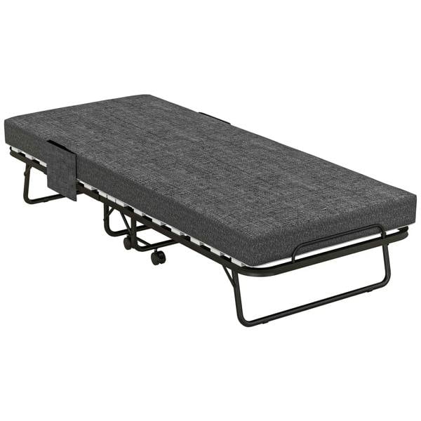 Folding single steel bed with dark grey fabric mattress and black frame, on caster wheels