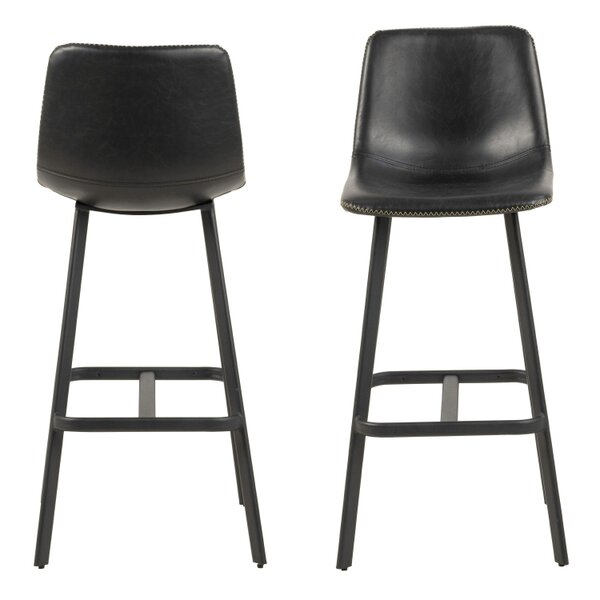 Wyld Haus Set of 2 Bogense Black Faux Leather Bar Stools Cream Stitching