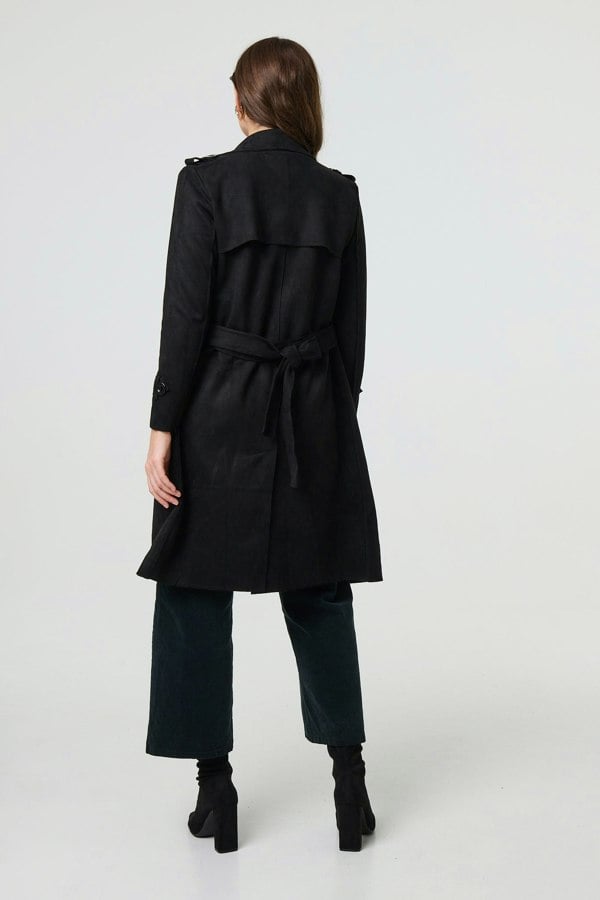 Black | Suede Tie Waist Button Front Trench Coat
