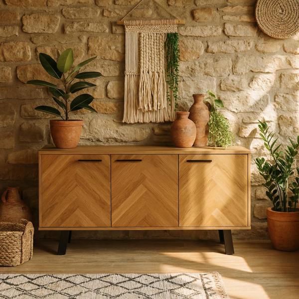 Wyld Haus Chevron Herringbone Natural Oak Wood 3 Door Sideboard