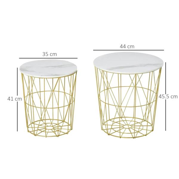 Set of 2 round nesting side tables with white tops, gold wire frames, and height/width views