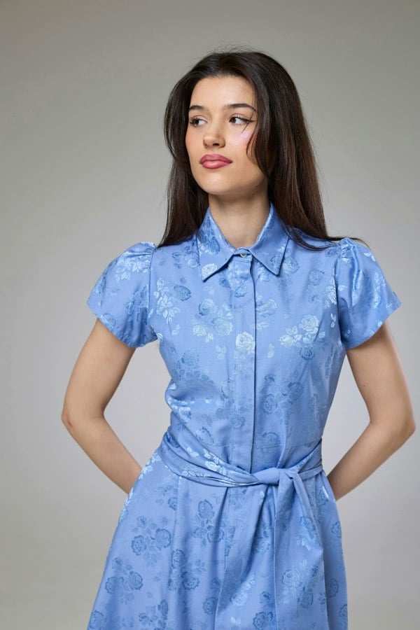 Isha's Timeless collection Sky Blue Petals Short Sleeve Shirt Dress