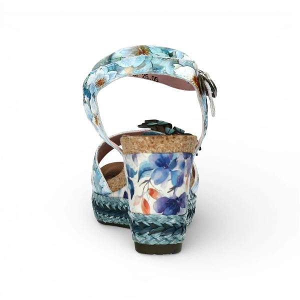 Laura Vita Facyo 75 - Women's Blue Floral Leather Wedge Sandals