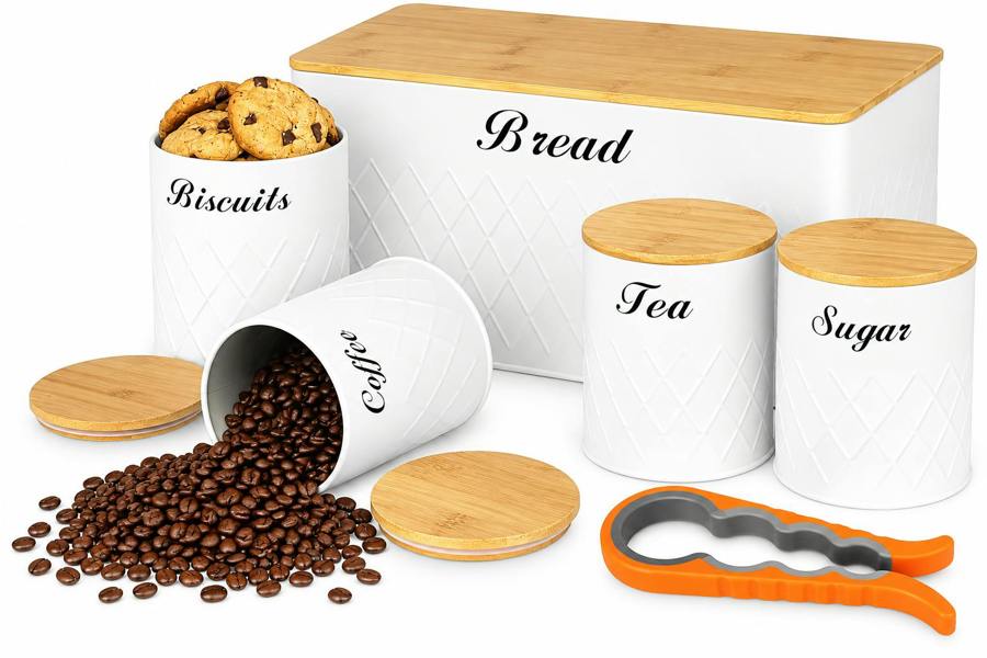 ATEK 5 Piece Kitchen Canister Set Bamboo Lids Tea Coffee Sugar Biscuits Bread White